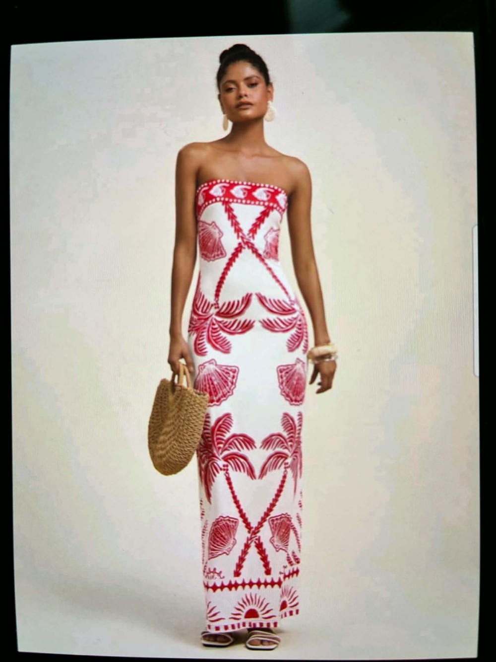 Strapless White Maxi Dress with Red Tropical Print